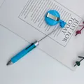 Blue retractable 4-color ballpoint pen with an integrated badge reel clip and bead string - 1.0mm Bullet Tip / Macaron Blue