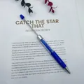 Blue crystal bead ballpoint pen with transparent barrel and silver accents - Fluorescent Blue