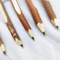 Close-up detail of eco-friendly natural bark wooden branch ballpoint pens with metal tips. - Ballpoint Pen / HB / Black