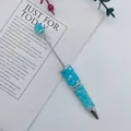 Blue rhinestone beadable ballpoint pen with mermaid bubble beads - Macaron Blue