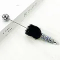Elegant handmade ballpoint pen featuring black faux fur, pearls, and sparkling rhinestones - Black