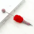 Handmade red furry pom-pom ballpoint pen with elegant pearl and rhinestone accents - Red