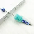 Decorative ballpoint pen with pearls, rhinestones, and teal faux fur pom-pom - Blue