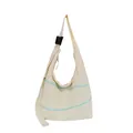 Detail view of a cream hobo shoulder bag featuring mint green double zippers and wide strap. - Beige