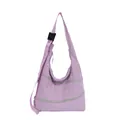 Front view of lilac nylon hobo bag featuring three horizontal silver zippers. - Light Purple