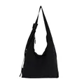 Detail view of black nylon hobo bag with multiple zipper compartments - Black