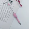 Elegant DIY beaded pen featuring pink mermaid pearls and sparkling rhinestone accents - Khaki Light Pink
