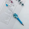 Blue beaded ballpoint pen featuring DIY broken jade and sparkling rhinestone detail - Sapphire Blue Style