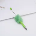 Green DIY beadable ballpoint pen featuring a soft faux fur pom-pom and metal rod - Macaron Green / 1.0mm Bullet Tip