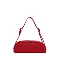 Vibrant red suede-style bowling handbag with elegant baguette silhouette for women. - Red