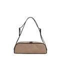 Classic khaki suede bowling baguette shoulder bag with contrast brown trim and straps - Khaki