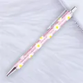 Pink glitter ballpoint pen featuring elegant white daisy patterns and a sleek silver clip. - 48-Daisy Pink (Silver Parts)