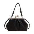 Front view of black pleated cloud handbag featuring kiss-lock closure and top handle - Black