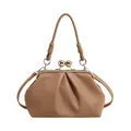 Elegant pleated cloud handbag with vintage gold-tone kiss-lock closure in khaki leather finish - Khaki