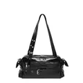 Bolso de hombro Y2K de cuero aceitado negro con detalles de hebillas plateadas - Negro