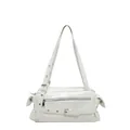 Elegante bolso de hombro estilo moto Y2K blanco en cuero brillante con hebillas de plata. - Blanco