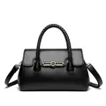Elegant black women's leather handbag with woven handle and retro gold buckle design - Black
