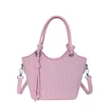 Elegant pink woven bucket bag featuring a top handle and adjustable shoulder strap - Pink