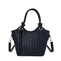 Elegant black woven bucket bag with handles and detachable shoulder strap - Black
