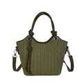 Modern green woven bucket bag for women featuring top handle and crossbody strap. - Green