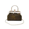 Elegante borsa a mano vintage marrone con bordo in pizzo e tracolla a catena di perle - Nero