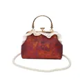 Borsa a mano vintage in stile cinese con stampa floreale rossa, pizzo e perle - Rosso