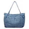 Elegante bolso tote de mezclilla azul con múltiples bolsillos exteriores para estudiantes - Azul claro