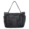 Bolso tote casual de mezclilla negra con múltiples bolsillos para la escuela y uso diario - Negro