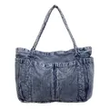 Bolso tote de mezclilla azul lavado casual con múltiples bolsillos delanteros grandes - Azul marino