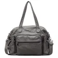 Primo piano della borsa tote vintage in pelle PU grigia con design multi-tasca funzionale - Grigio