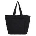 Vista dettagliata di una grande borsa tote nera trapuntata con motivo a rombi cuciti - Nero