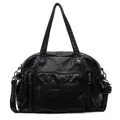 Vista frontale di una borsa tote in finta pelle nera con tasche con zip multifunzionali. - Nero