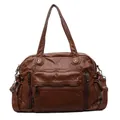 Vista frontale dettagliata della borsa tote marrone in pelle PU vintage con tasche con cerniera - Marrone