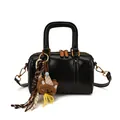 Minimalist black shiny leather Boston bag featuring a cute brown bear charm and dual handles - Bag Only (Without Pendant) / Black