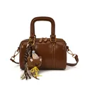 Elegant brown Boston style handbag featuring a cute bear charm and golden hardware - Bag Only (Without Pendant) / Tan