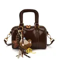 Shiny dark brown Boston handbag with cute bear charm and top handles - Bag Only (Without Pendant) / Dark Brown