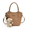 Stylish khaki bucket bag with pebbled leather texture and a cute puppy plush charm - Khaki