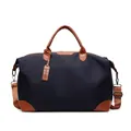 Vue détaillée du sac de voyage bleu marine avec poignées en cuir marron et étiquette. - Bleu
