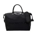 Detailed front view of a large black multifunctional travel bag with embossed letters. - Black