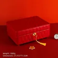 Premium red quilted leather jewelry box with gold-tone lock and yellow tassel key - S / Red