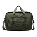 Close-up of olive green tactical messenger bag with multi-pocket and bungee cord detail - Green