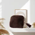 Elegant chocolate brown velvet jewelry storage pouch with zipper and a tassel detail - Paper Box + PP Bag Packaging / Coffee