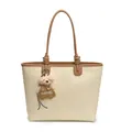 Chic cream woven tote bag with large capacity and cute bear charm for women - No Pendant / Beige & Khaki
