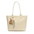 Elegant cream woven tote bag for women featuring a cute brown teddy bear charm detail - No Pendant / Off White