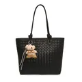 Stylish black woven tote bag with cute plush bear charm for women large capacity - No Pendant / Black