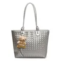 Fashionable silver woven tote bag with knot shoulder straps and a cute teddy bear charm - No Pendant / Silver