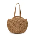 Detailed texture of a round woven paper rope bag featuring an openwork floral pattern - Dark Khaki