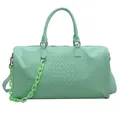 Front view of a mint green crocodile embossed faux leather large travel bag with chain - Green