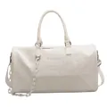 Detail of a white crocodile-textured travel bag with stylish thick white chain strap. - White