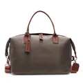 Large taupe travel duffel bag with brown leather handles and Sportnew brand tag. - S / Khaki